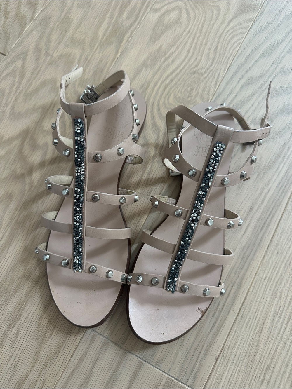 Vince Camuto Pink Blush Studded T-Strap Sandals with Crystal Accent